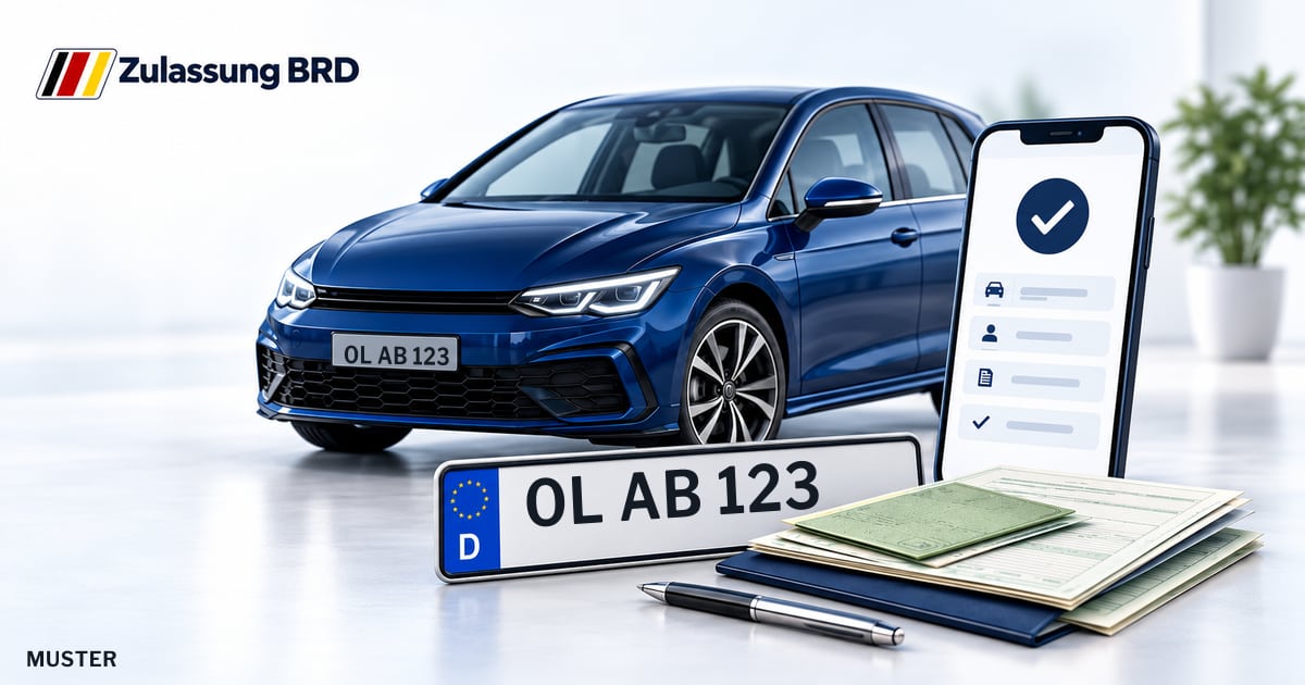 Online Fahrzeugzulassung in Landkreis Oldenburg: Musterkennzeichen OL AB 123, Auto und Fahrzeugpapiere und Smartphone. Illustration mit Logo von Zulassung BRD.